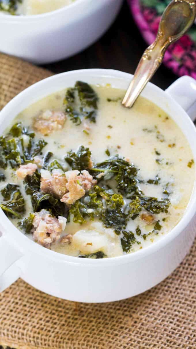 Picture of homemade zuppa toscana in a white bowl.