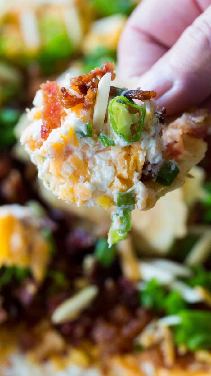 Million Dollar Dip is the best cheese dip that you can make! Layers of creamy cheese, sharp cheddar cheese, bacon, slivered almonds and green onions!
