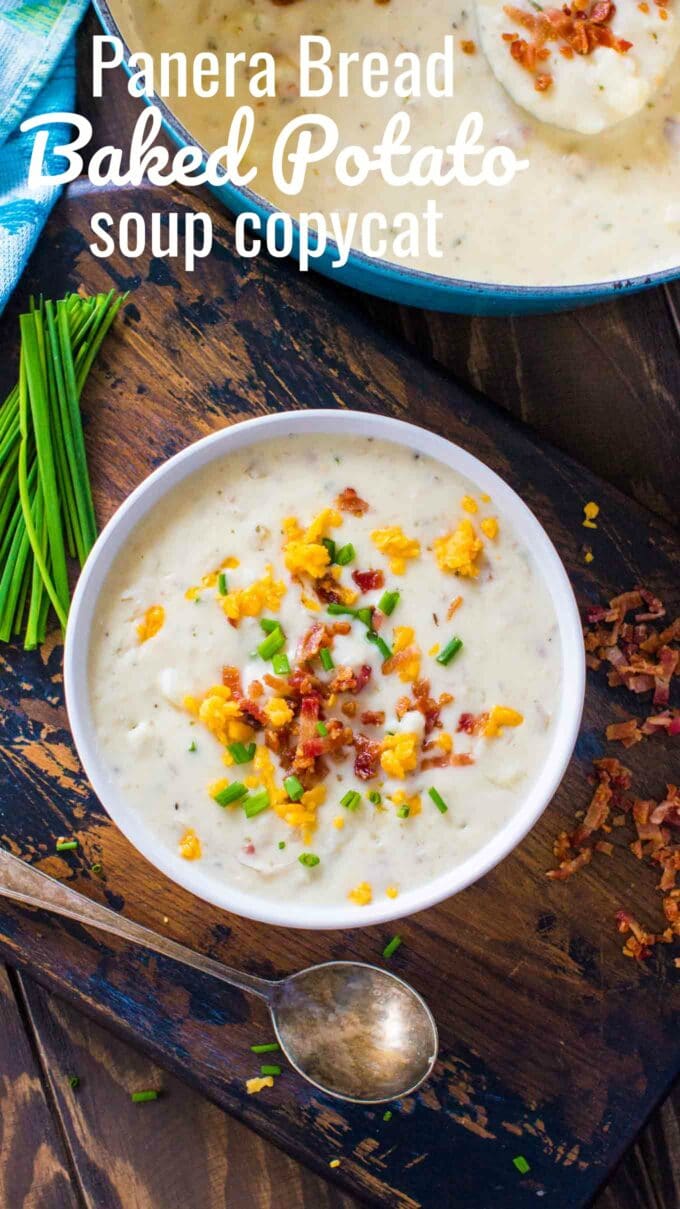 Image of copycat panera bread baked potato soup in a bowl topped with bacon crumbs.
