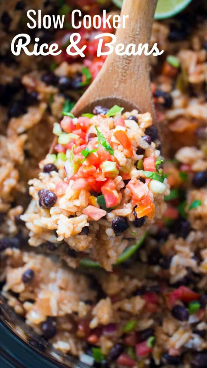 Picture of rice and beans cooked in the slow cooker. 