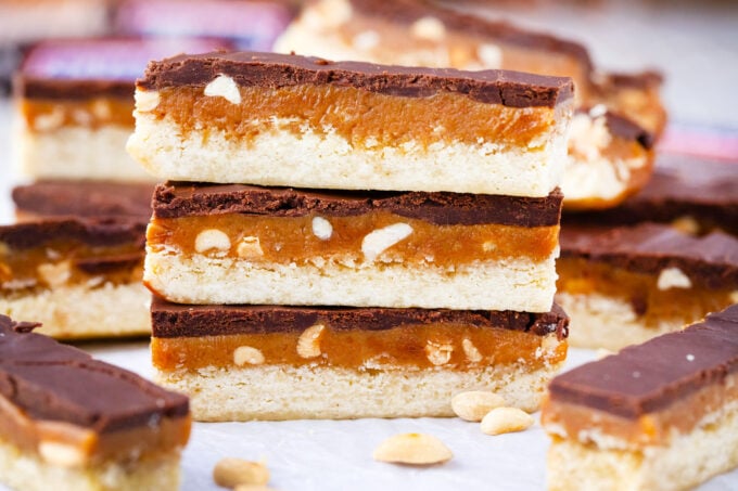 Thick and buttery Snickers cookie bars.