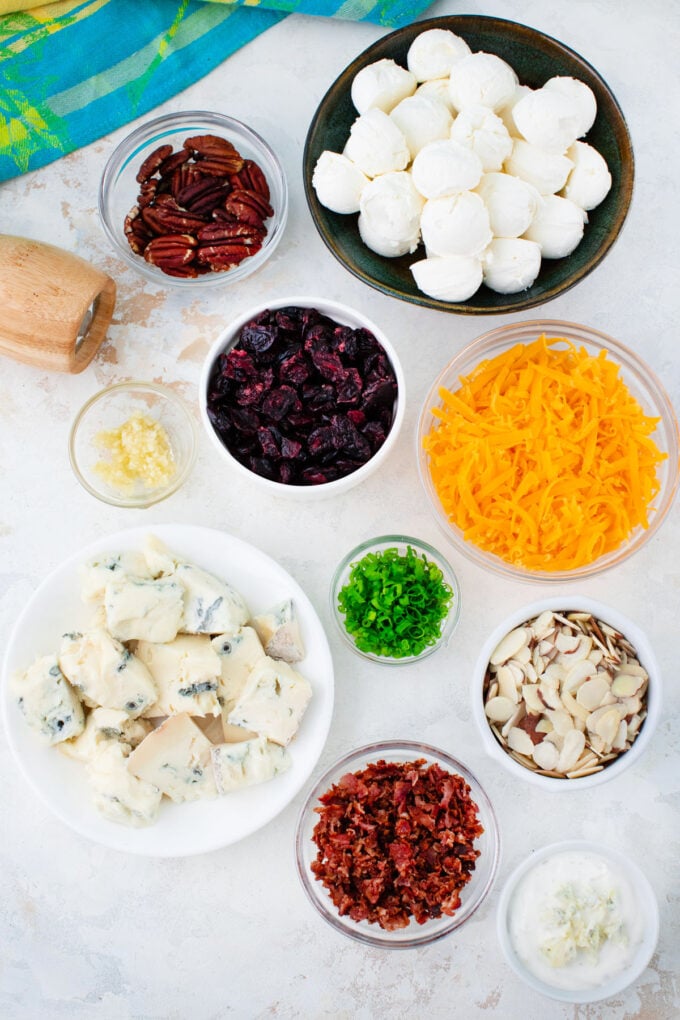 Overhead shot of bacon and cheese cheese ball recipe ingredients.