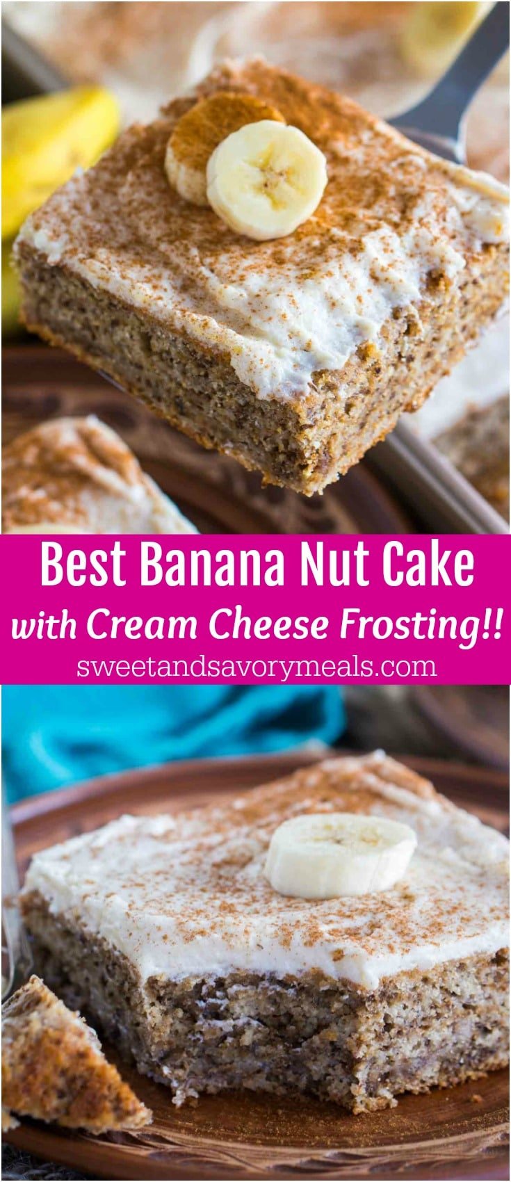 Banana Nut Cake is a breeze to make! Sweet, nutty, slightly chewy, crunchy and topped with the most amazing cinnamon cream cheese frosting.