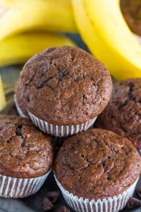 Chocolate Banana Muffins are the best way to use over ripe bananas. The muffins are very easy to make, soft, chocolaty and full of flavor.