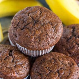 Chocolate Banana Muffins are the best way to use over ripe bananas. The muffins are very easy to make, soft, chocolaty and full of flavor.