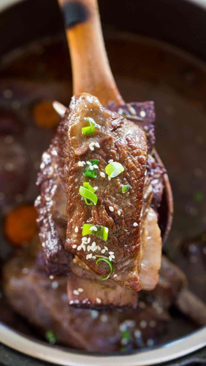 Image of instant pot short ribs garnished with chopped green onion. 