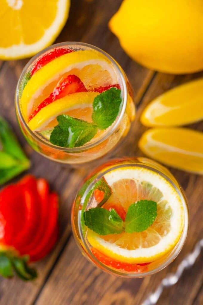 overhead shot of strawberry lemonade vodka club soda