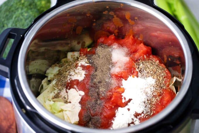 veggies, tomato paste, and seasoning in the instant pot