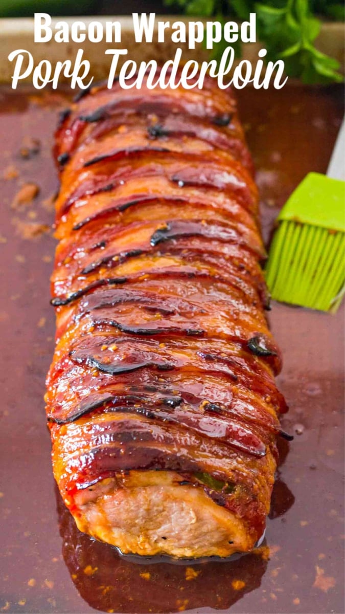 Image of pork tenderloin wrapped in bacon. 