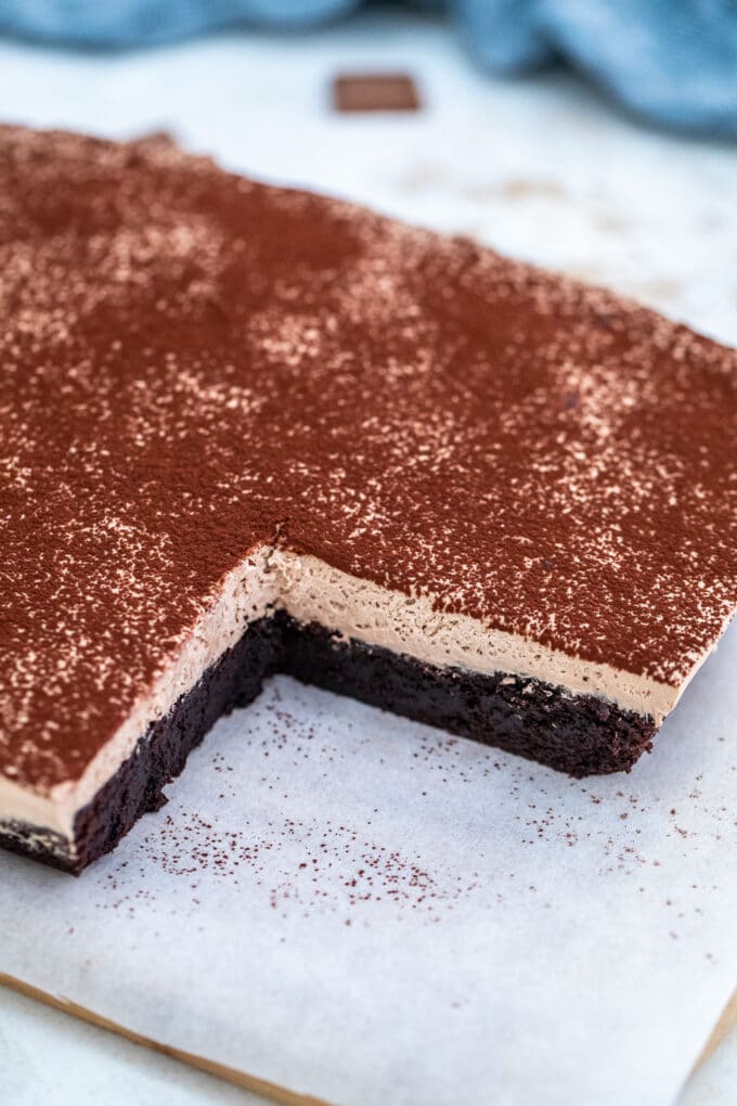 Picture of sliced chocolate mousse brownies. 