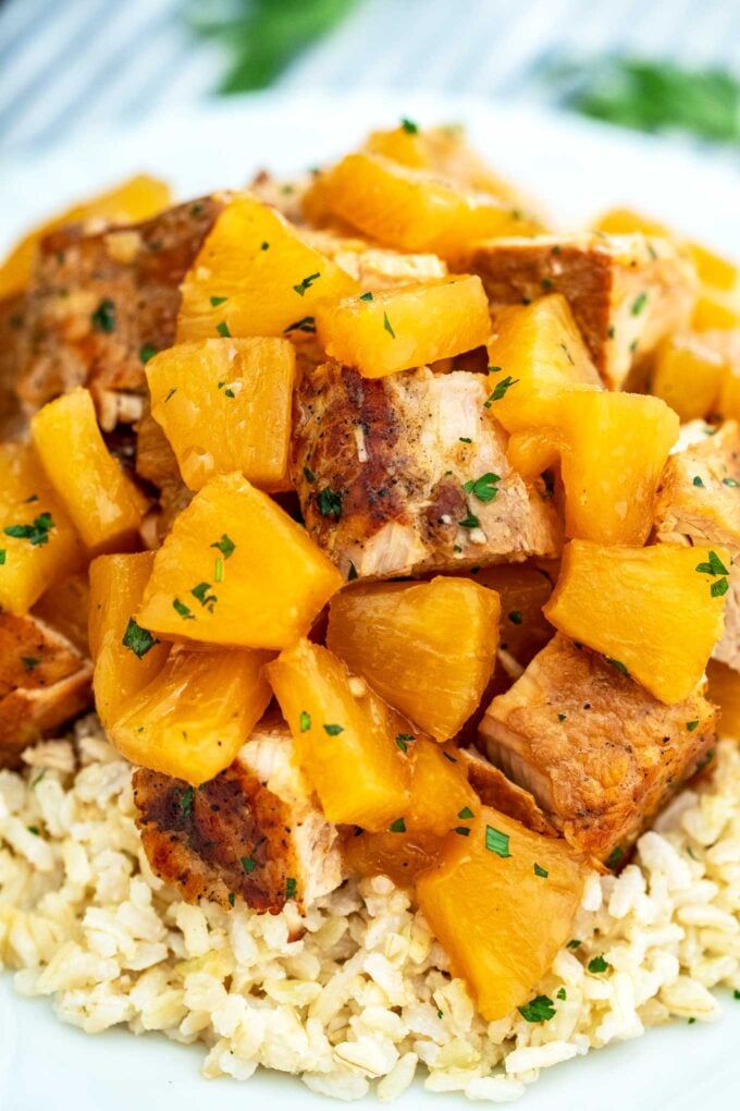 Slow cooker pineapple pork over white rice