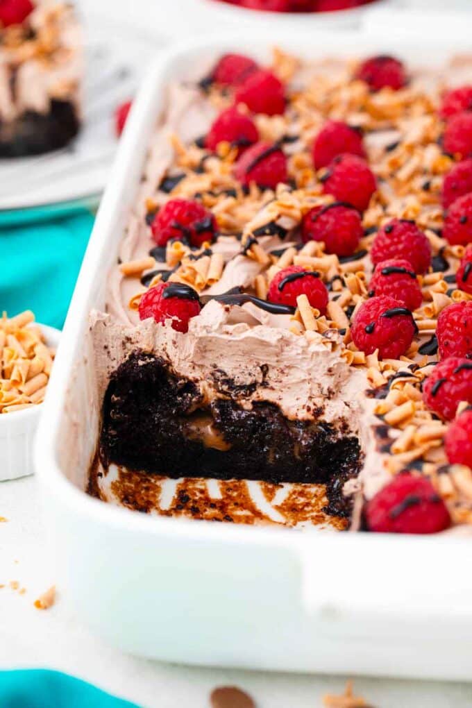 chocolate baileys poke cake in a baking pan