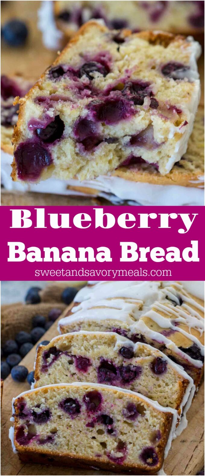 blueberry banana bread photo collage with text overlay for Pinterest