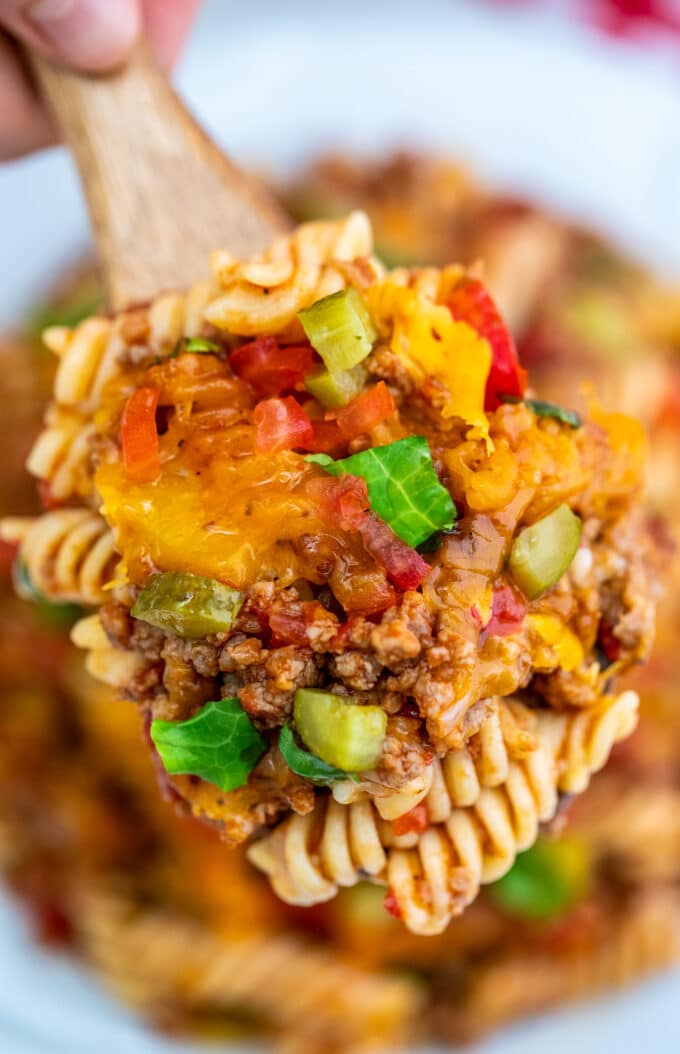 homemade hamburger helper on a wooden spoon