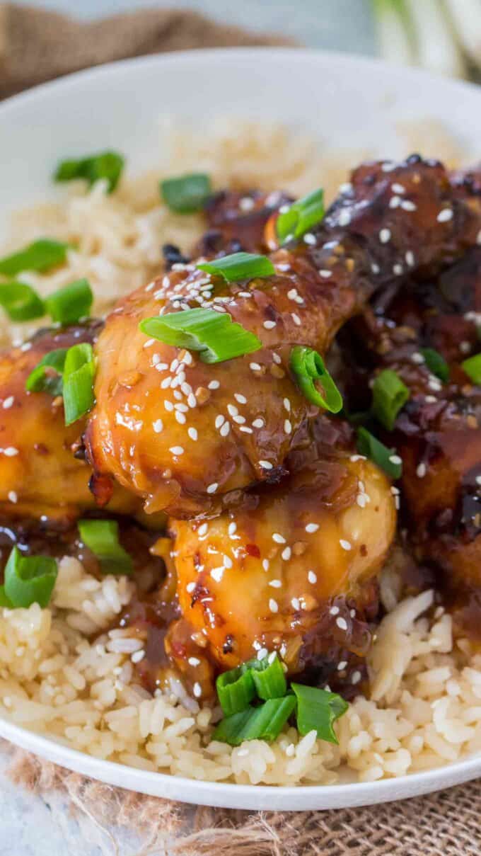 Mongolian drumsticks over brown rice