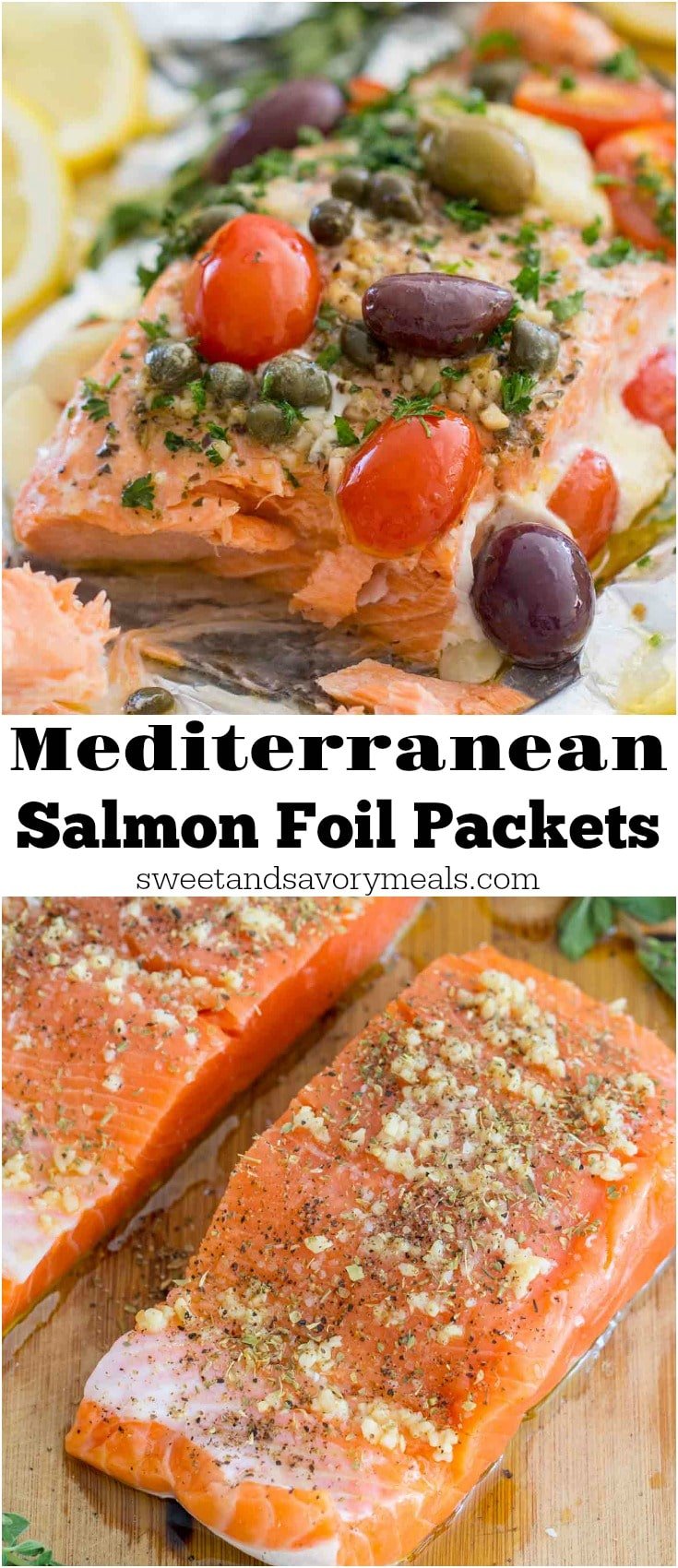 Mediterranean Salmon Foil Packets with capers, olives, oregano, garlic and tomatoes are incredibly flavorful, flaky and tender and ready in just 20 minutes.