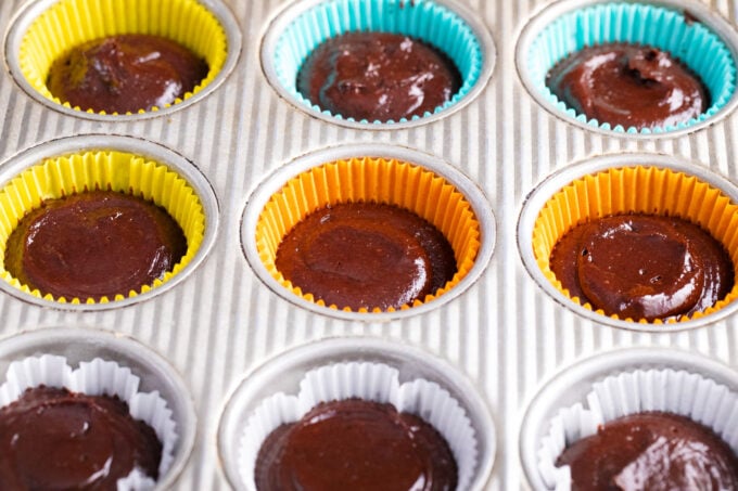 Dark chocolate cupcake batter in a muffin pan.