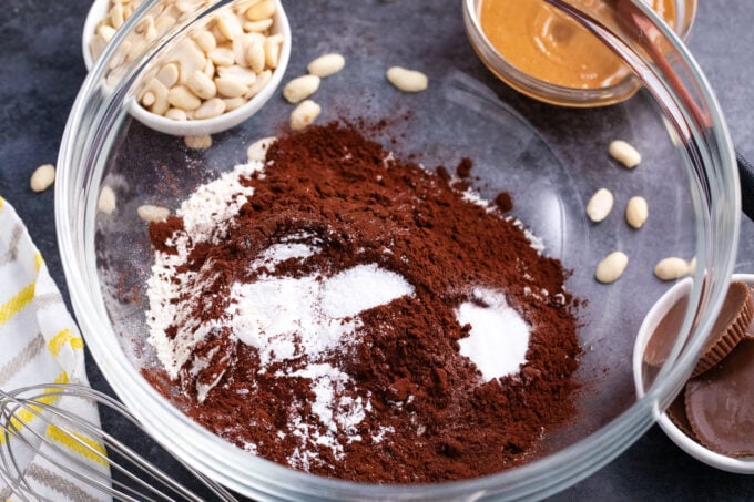 Dry ingredients for chocolate cupcakes.