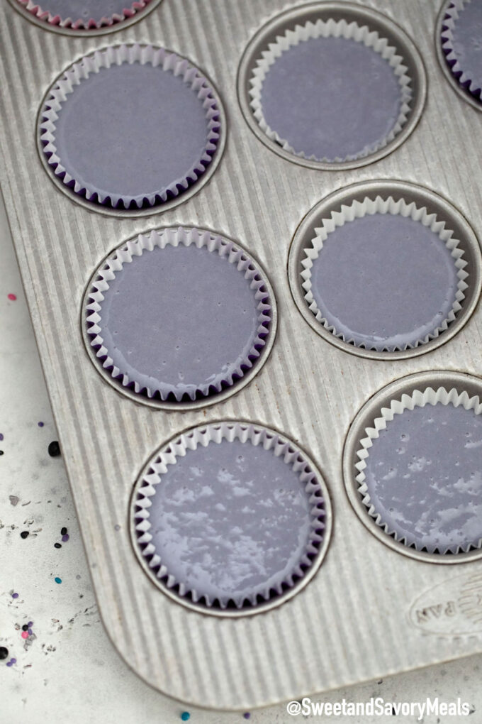 Photo of how to make purple unicorn cupcakes.