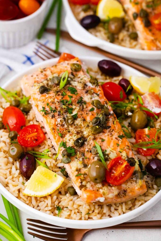 Mediterranean salmon served on top of rice