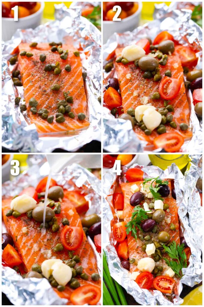 collage of how to make Mediterranean salmon foil packets