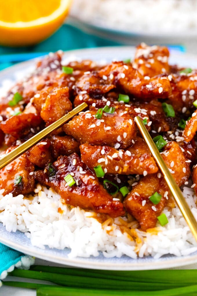 Ginger crispy sesame chicken with sticky sauce.