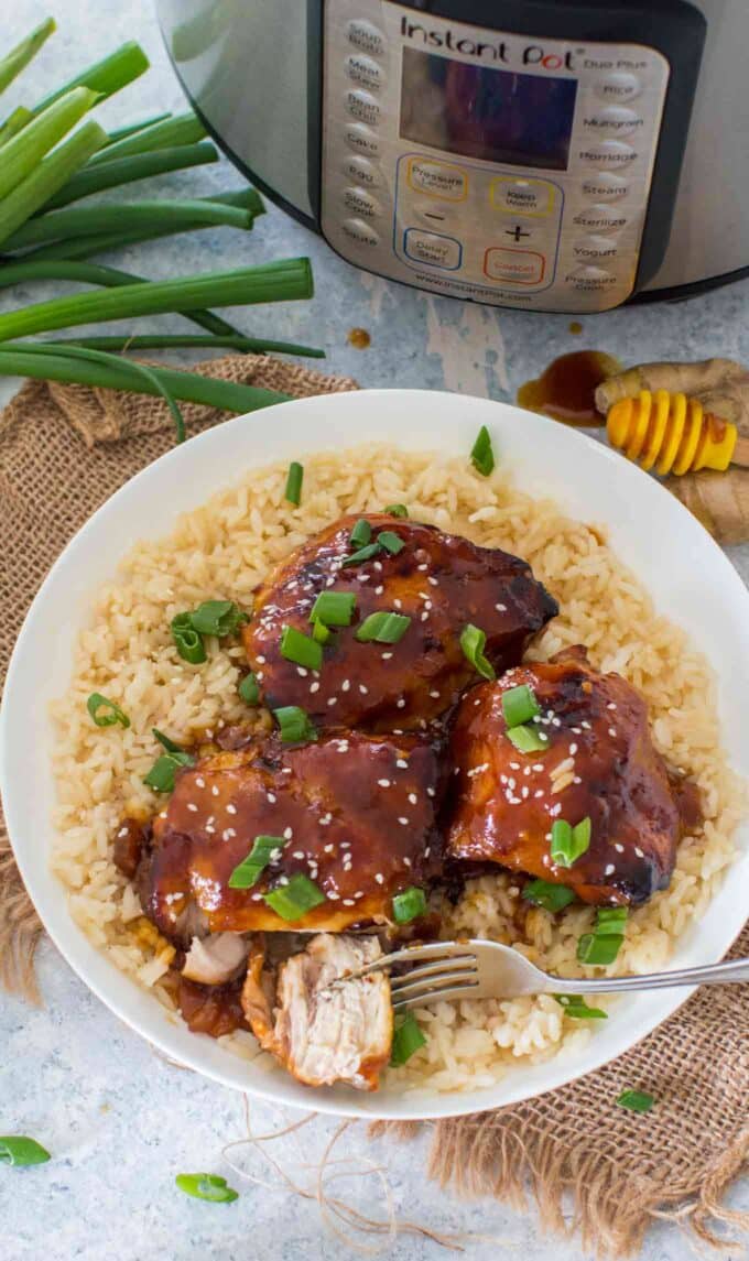 Picture of honey garlic chicken thighs over brown rice.