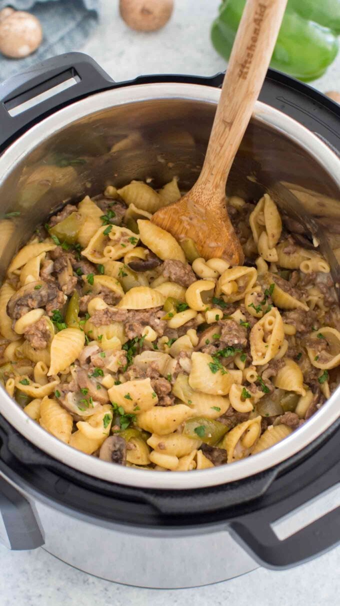 cooked instant pot philly cheesesteak pasta