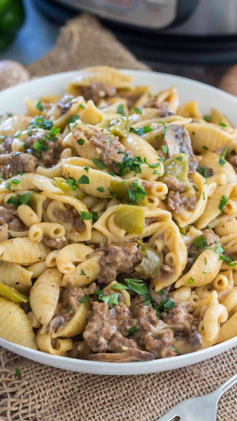 Instant Pot Philly Cheesesteak Pasta has all the delicious flavors and textures of a juicy Philly cheesesteak in this easy and cheesy pasta dish ready in about 30 minutes.