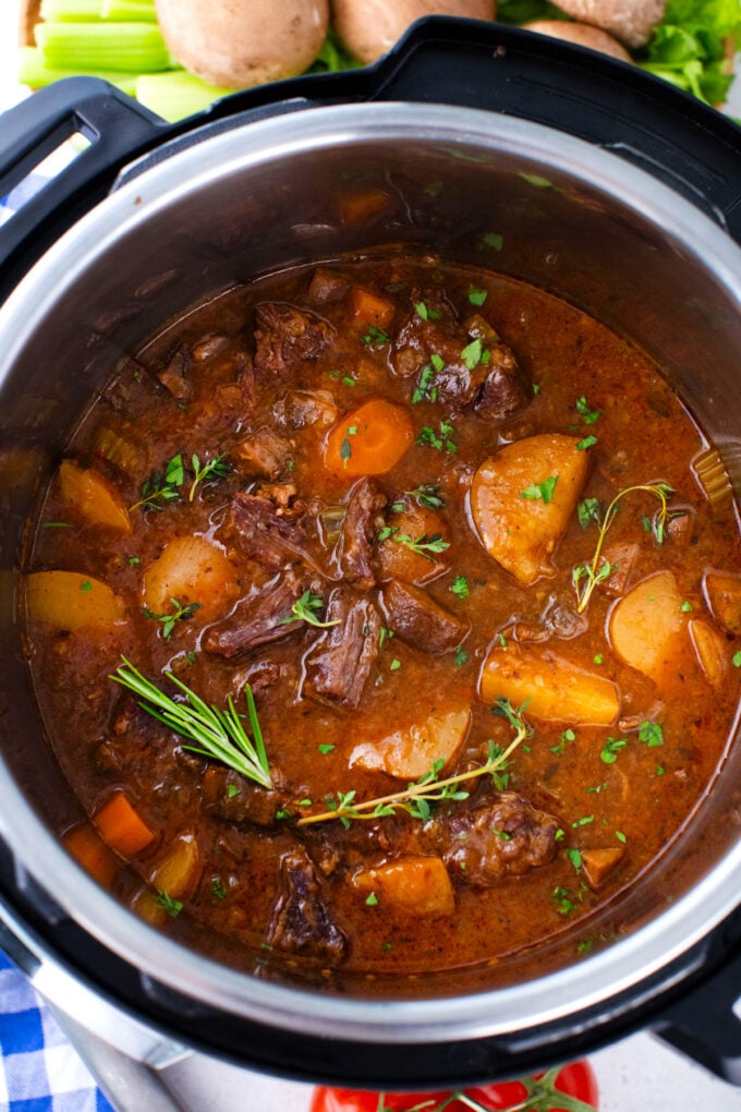 Overhead shot of hearty Instant Pot beef Bourguignon.