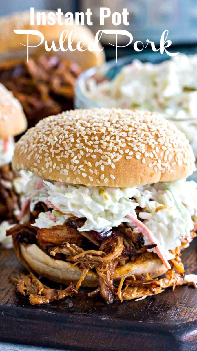 Image of instant pot pulled pork on a burger bun with coleslaw with text overlay