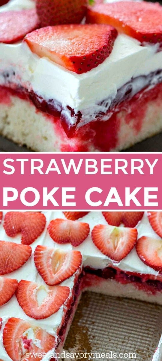 strawberry poke cake photo collage for pinterest with text overlay