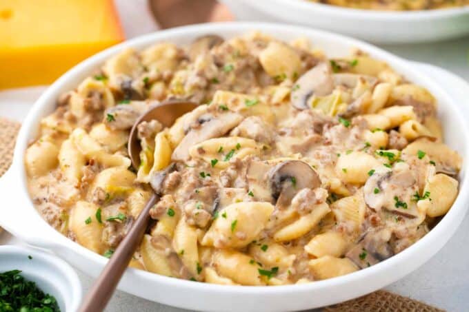 a plate of cheesy instant pot philly cheesesteak pasta