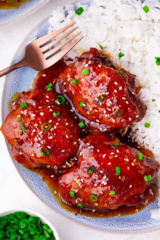 Instant Pot honey garlic chicken thighs served with rice.