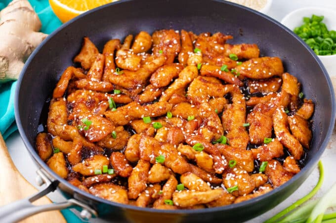 A pan of homemade crispy ginger sesame chicken.