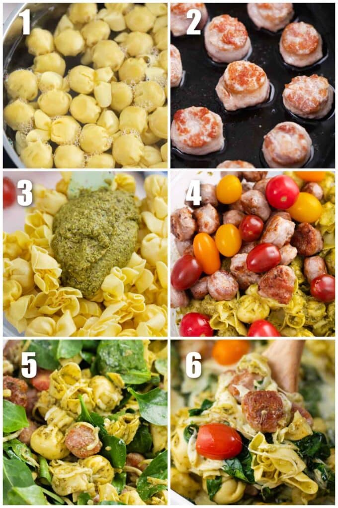 collage of photos showing how to make sausage pesto tortellini casserole