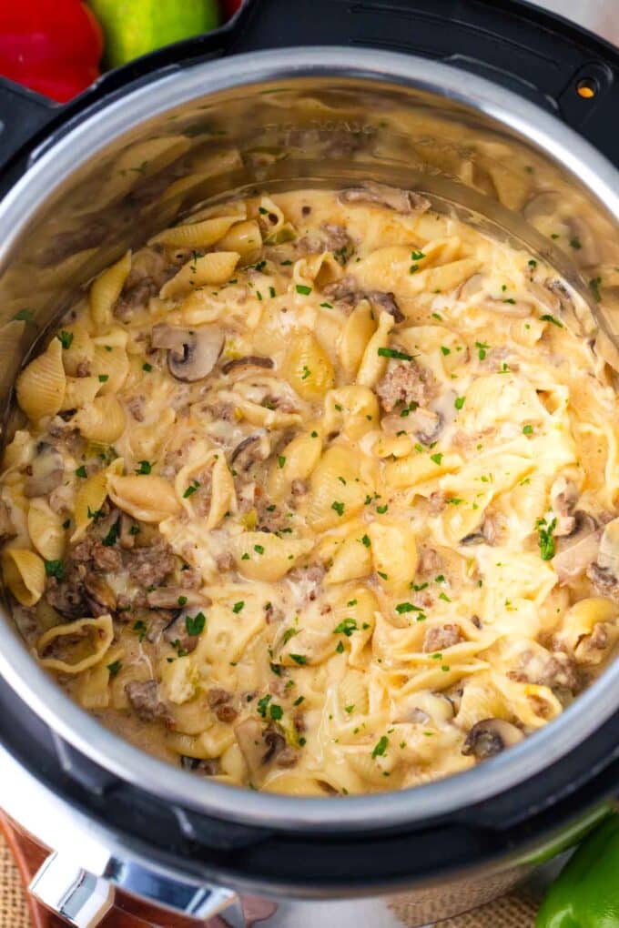 overhead shot of creamy instant pot philly cheesesteak pasta