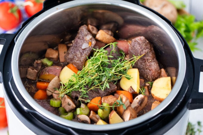 Instant Pot beef Bourguignon ingredients in the pot.