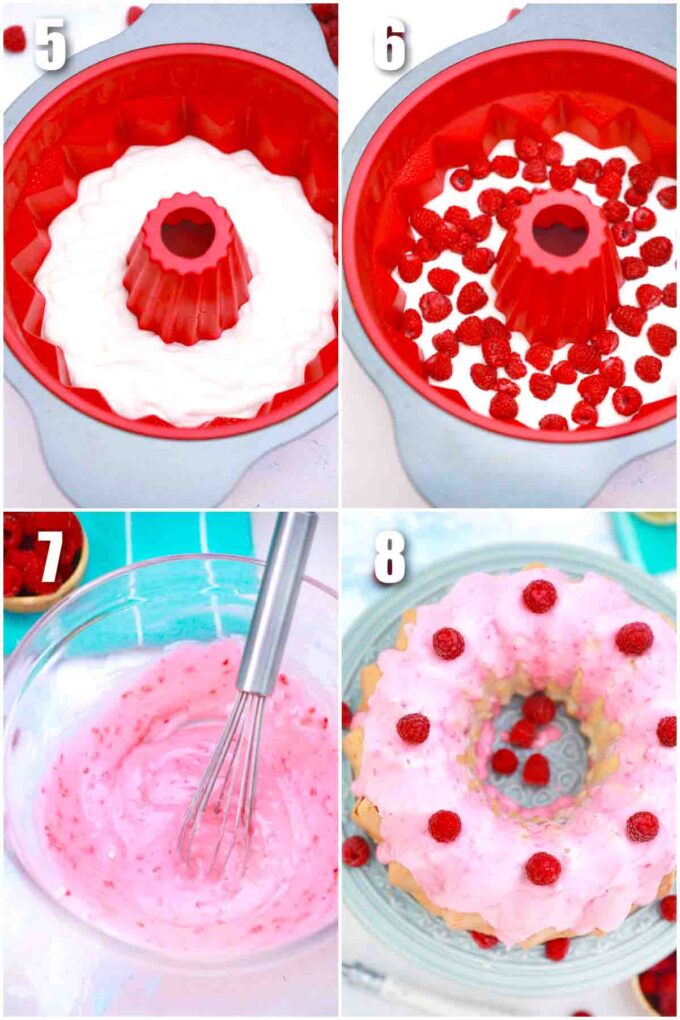 photo collage of steps how to make raspberry angel food cake