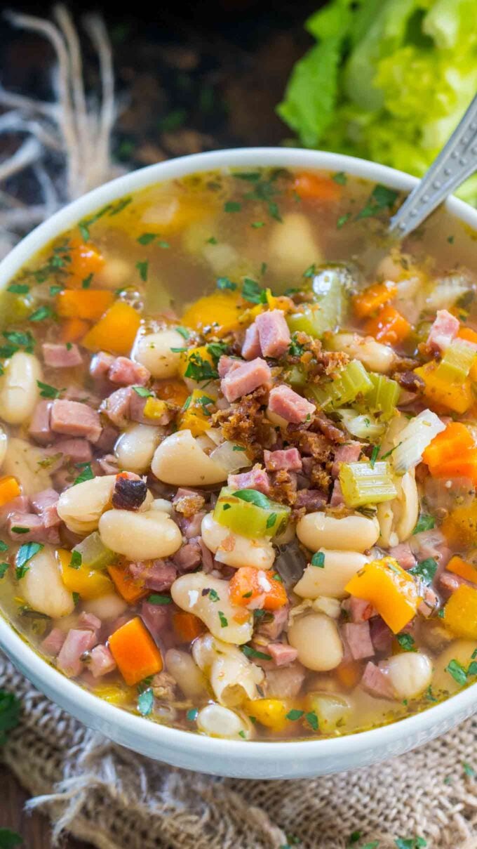 Photo of homemade ham and bean soup in a bowl. 