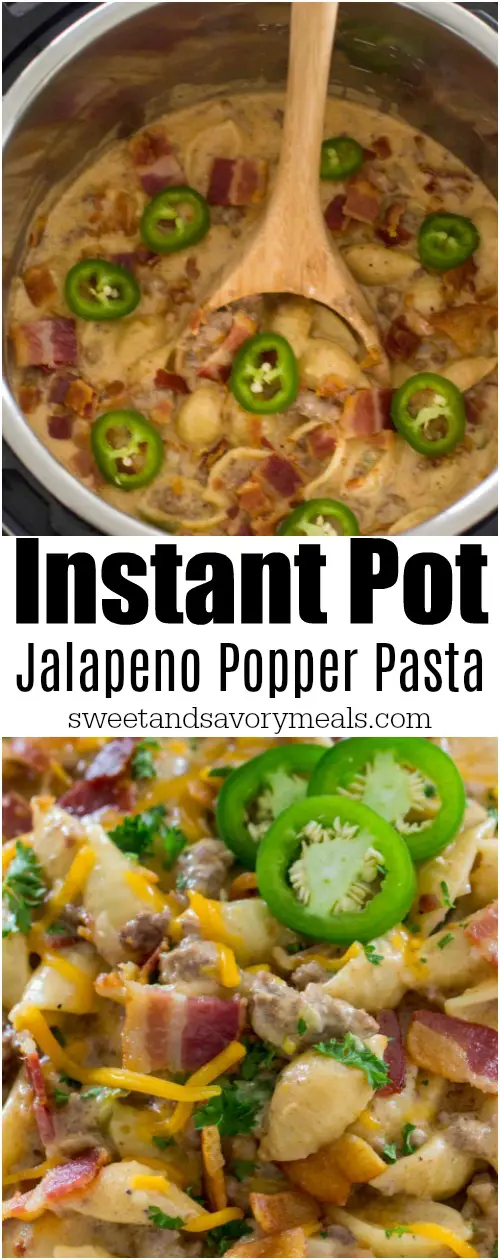 Instant Pot Jalapeño Popper Pasta is extra creamy and cheesy with a touch of spiciness from the jalapeños. A perfect one pot, hearty and delicious 30 minute dinner.