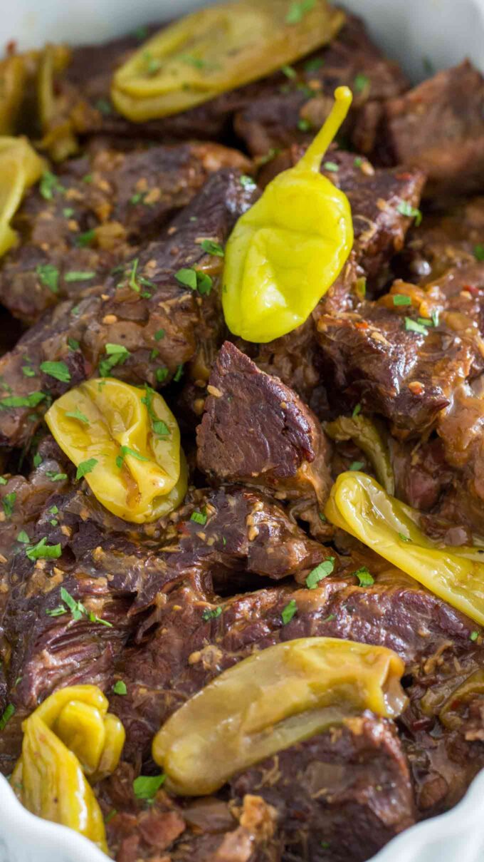 Photo of mississippi pot roast on a white plate.