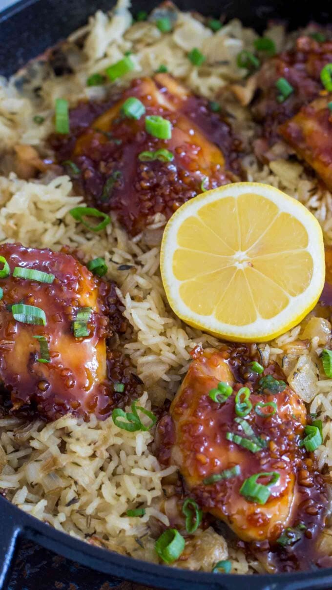 Image of honey garlic chicken and rice in a skillet.