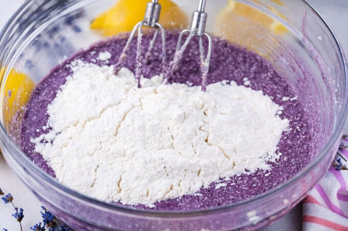 Mixing purple cake batter.