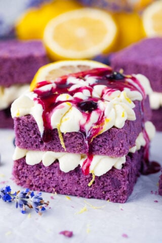 Purple cake topped with lemon buttercream.