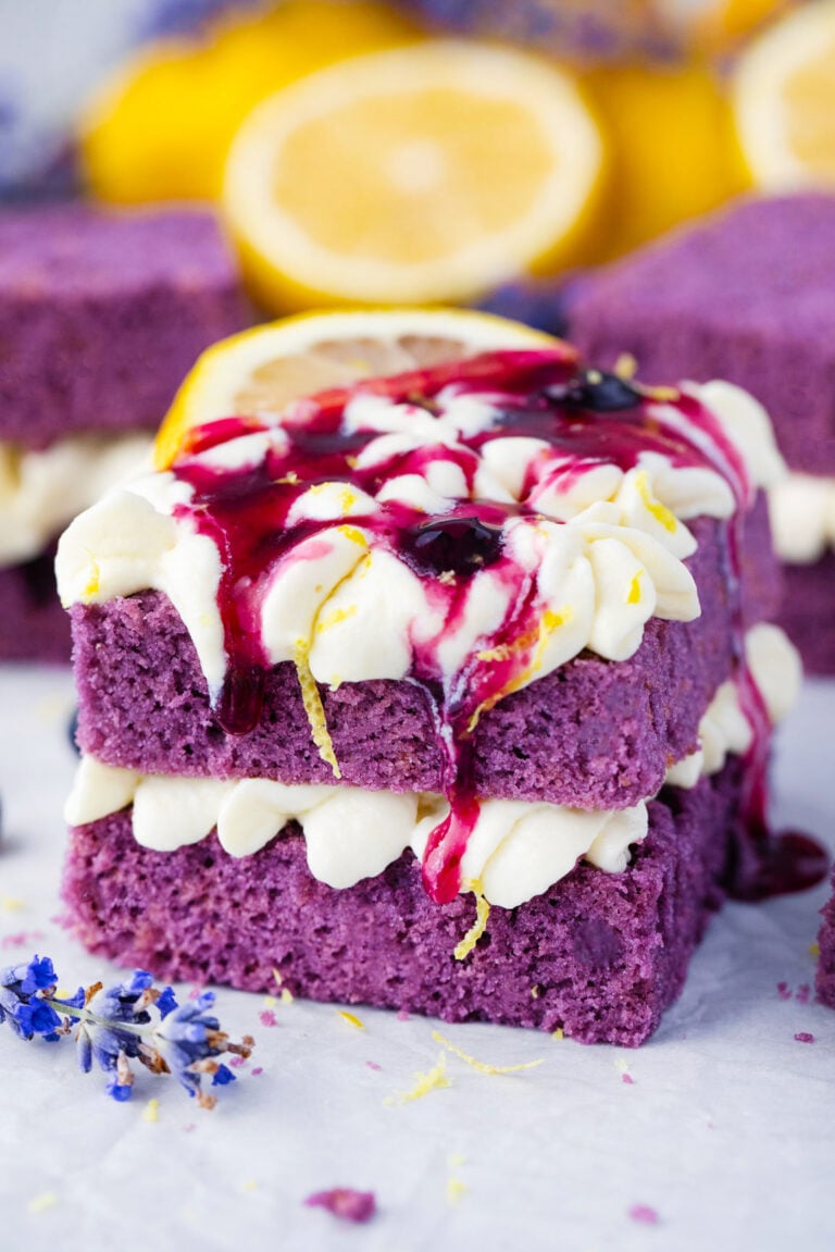 Purple cake topped with lemon buttercream.