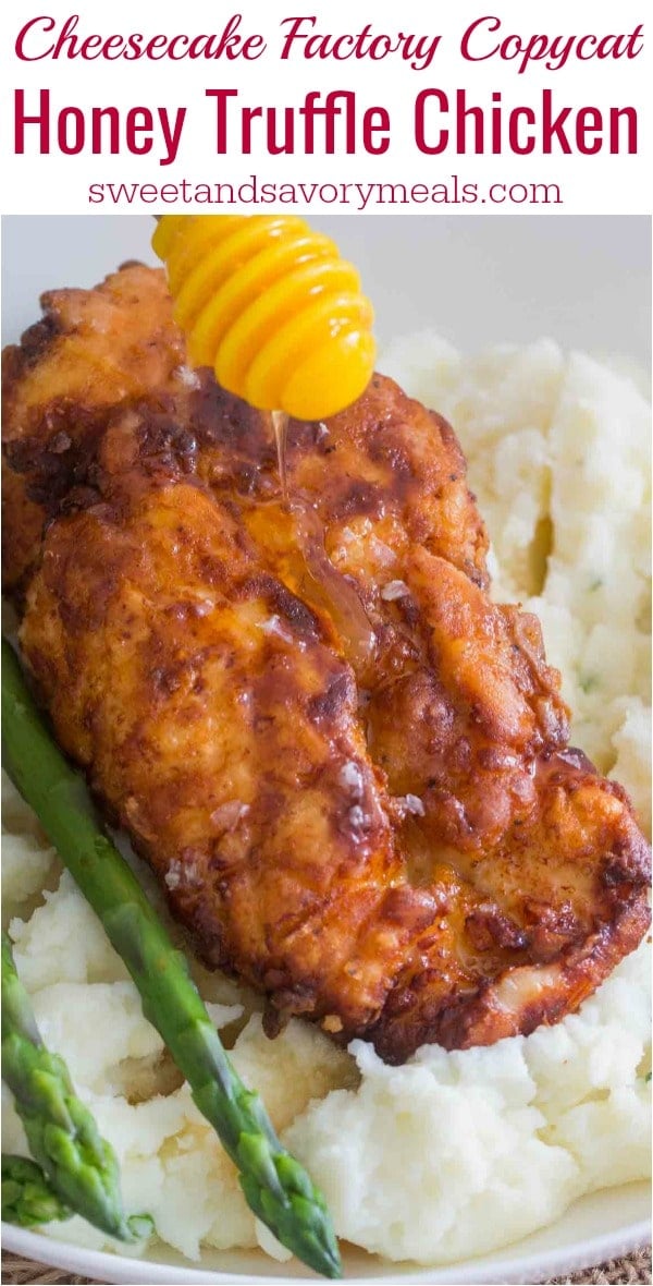 Cheesecake Factory Honey Truffle Chicken Copycat recipe is made with crispy fried chicken with truffle honey, served with asparagus and mashed potatoes.