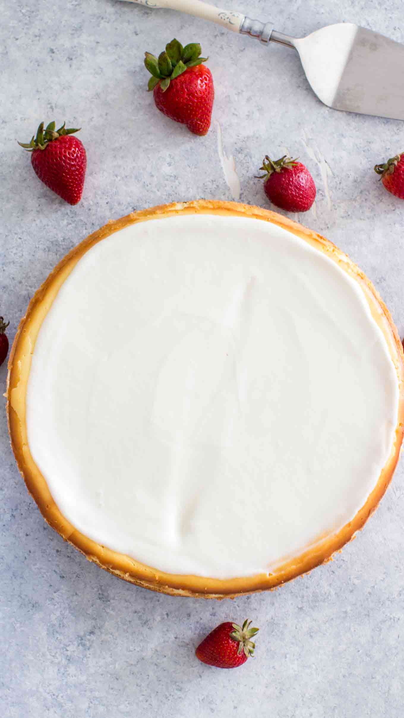 image of baked classic cheesecake on a board with strawberries