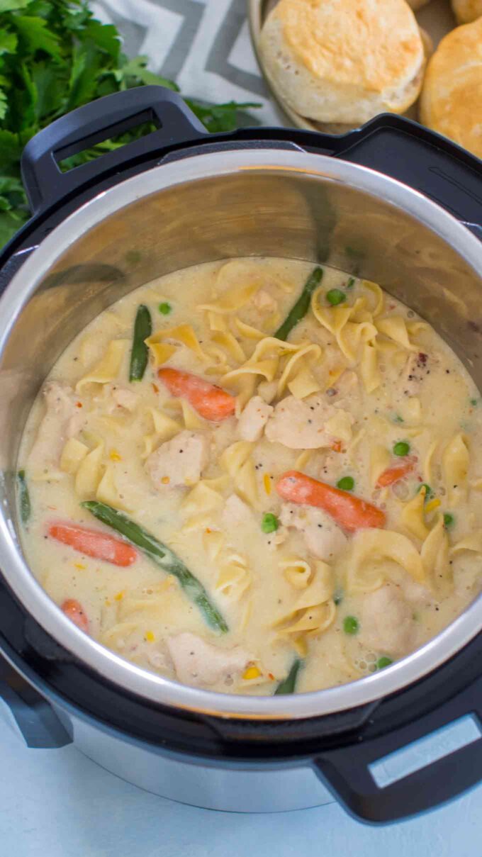 Picture of pot pie pasta in the instant pot. 