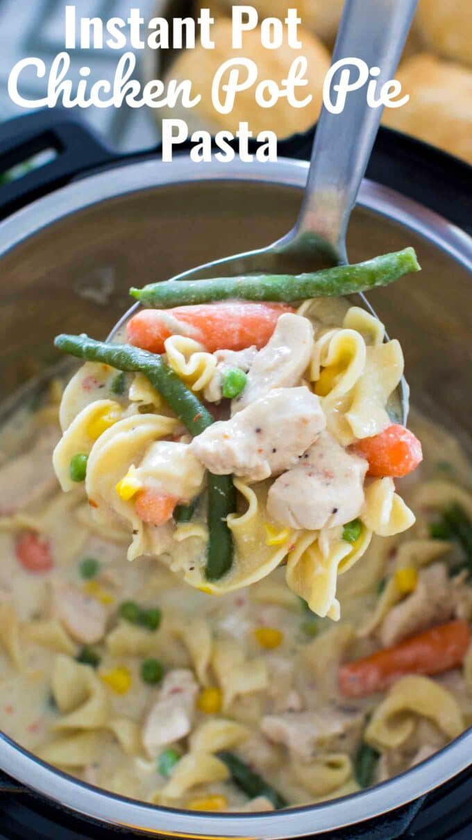 Image of instant pot chicken pot pie pasta with veggies. 